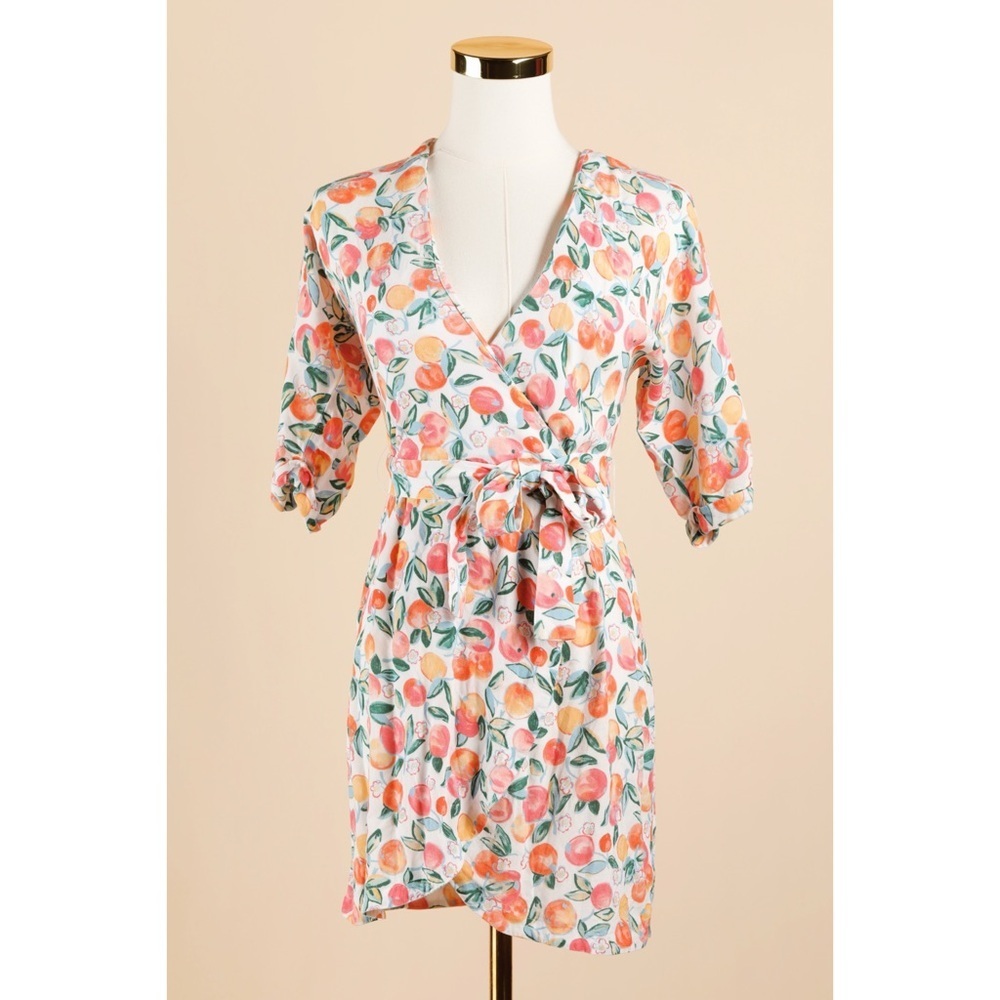 Sz 2 Ysé Paris Orange Fruits Mini Summer V Neck Wrap Dress GUC